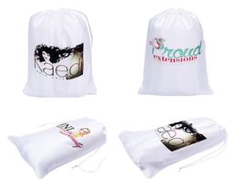 Custom Logo Printed 50PcsLot Polyester Satin Silk White Bags Drawstring Hair Bags Packaging Hair Extension Packaging7008512
