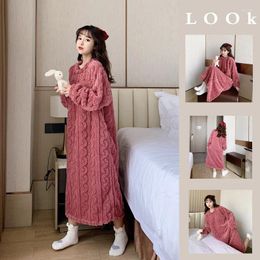 Women's Sleepwear Fleece Winter Nightdress Long Sleeve Warm Korea Style Ladies Nightgown O Neck Flannel Jacquard Night Dress For Female