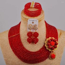 Necklace Earrings Set Red African Beads Jewellery Crystal Bridal