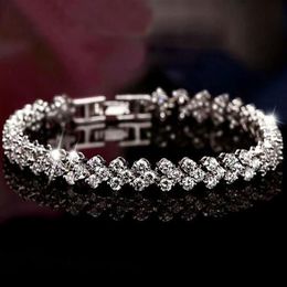 Luxury Austria Shining Crystal Tennis Bracelets Genuine 925 Sterling Silver Charms Zircon Bling Diamond Roman Link Bracelet Bangle224M