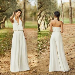 elegant wedding jumpsuit halter a line sexy back ankle length boho wedding dress cheap bridal pants suit robes de marie