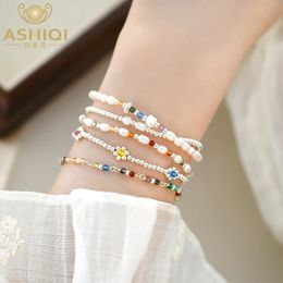 Beaded ASHIQI Natural Freshwater Pearl Bracelet 925 Sterling Silver Natural Stone Agate Multi for Women Jewelry Gift 231208