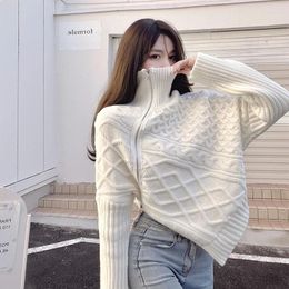 Women's Sweaters Asymmetrical White Knitted Women Sweater Pullovers Autumn Slim Zipper Thicken Warm Female Pulls Outwear Coats Top Quality