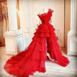 Casual Dresses Gorgeous Red Pleated Tulle Formal Occasion High Low Tiered Ruffle Mesh Bridal Dress Strapless Prom Party Custom