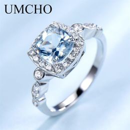 Umcho Real S925 Sterling Silver Rings For Women Blue Topaz Ring Gemstone Aquamarine Cushion Romantic Gift Engagement Jewelry Y1905266C