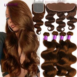 Synthetic Wigs 32inch #4 Chocolate Auburn Brown Body Wave Human Hair Weave Bundle with Closure Frontal 5x5 HD Ombre Coloured Bundle With Closure 231211