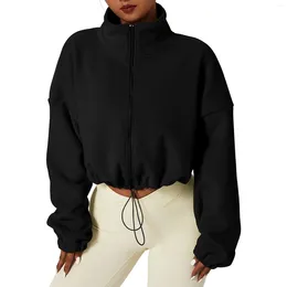 Women's Hoodies Fleece Sweatshirt Full Zip Oversized Crop Jacket Winter Long Sleeve Stand Collar Workout Coat Sale 2023