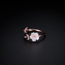 1Pc Rose Gold Sakura Flowers Zircon Branches Shell Flowers Open Ring Charming Cherry Blossom Adjustable Rings Women's Jewelry300d