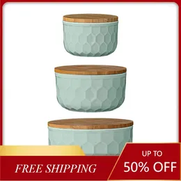 Bowls Home/Kitchen & Dining/Bowls Desert Fields Round Mint Green Stoare With Bamboo Lid 6" Set Of 3 Pieces US