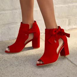 Dress Shoes Women Chunky High-heeled Pumps 2023 Summer Cloth Side Empty Knotbow Black Red Sandals Casual Peep Toe Zapatillas Mujer Elegantes