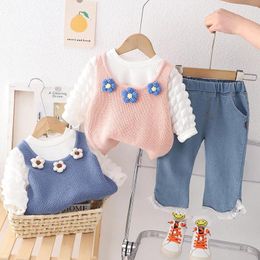 Clothing Sets 2023 Korean Spring Toddler Girl 3PCS Clothes Set Flower Knitted Sweater Vest Cotton Sweatshirt Jeans Pants Suit Baby Outfit
