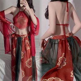 2023 New Ancient Style Chinese Women Classical Red Hanfu Costume Female Sexy Transparent Sleeping Skirt Mini Sling Dress sexy