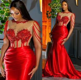 Arabic Aso Ebi Red Mermaid Luxurious Prom Dresses Lace Beaded Crystals Evening Second Reception Birthday Engagement Gowns