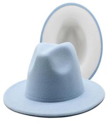 Berets Mens Women Sky Blue White Patchwork Wool Felt Floppy Jazz Fedora Hats Fashion Party Formal Hat Wide Brim Panama Trilby Cap2734047