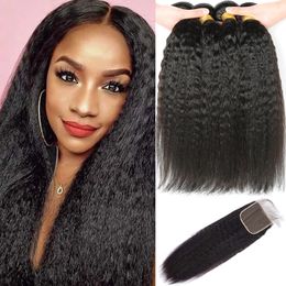 Synthetic Wigs Kinky Straight Bundles With Closure 12A Brazilian Unprocessed Yaki Straight Human Hair Bundles HD Lace Frontals 4 Bundle Deals 231211