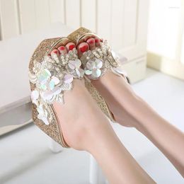 Slippers High Heel Versatile And Fashionable Beaded Flowers Summer Transparent Slope Thick Sole
