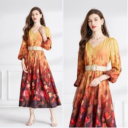 Casual Vacation Floral Boho Maxi Dress Long Sleeve Women Runway V-Neck Slim Elegant Print Fit Party Loose Big Swing Dresses 2024 Spring Fall Sweet Girl A-Line Frocks