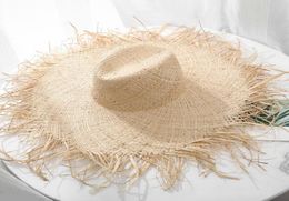 Natural Large Wide Brim floppy hat Raffia jazz Straw Hat Women Summer Fringe Beach Cap hand Weave sun Hat whole Y2006198529874