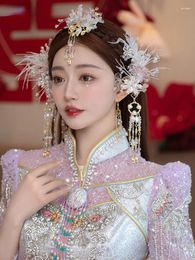 Hair Clips Bride Xiuhe Stick Flower Chinese Headdress Glass Classical Earrings Hook Side Clip Hanfu Wedding Accessories For Girls
