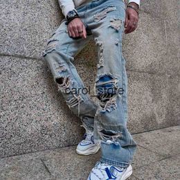 Men's Pants 2023 Spring Stylish Loose Ripped Men Straight Jeans Trousers Hip hop Male High Quality Solid Holes Casual Denim Pants J231208