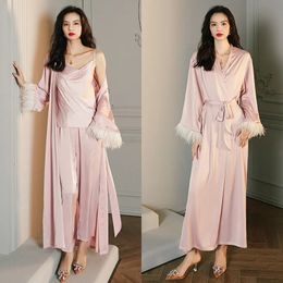Sexy Pyjamas Ice silk Pyjama s long sleeved dressing gown satin home wear feather suspenders trousers suit Nightgown Bathrobe set 231211