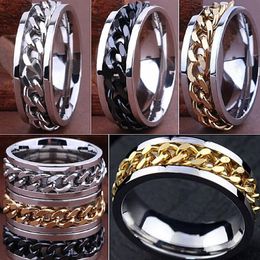 whole 50pcs spinner chain stainless steel rings men's silver gold black fashion Jewelry band ring brand new drop 250D