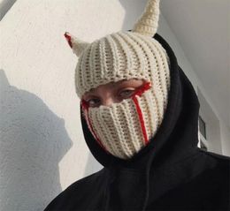 BeanieSkull Caps Halloween Funny Horns Knitted Hat Beanies Warm Full Face Cover Ski Mask Hat Windproof Balaclava Hat for Outdoor S8122477