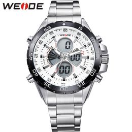 WEIDE Silver Stainless Steel Bracelect Mens Waterproof Analog Digital Auto Date Quartz Watches Male Top Brand Business Watches217P