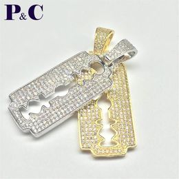 Pendant Necklaces Men's Razor Blade Necklace & Gold Colour Cubic Zircon Hip Hop Jewellery With Rope Chain For Boys Gift297g