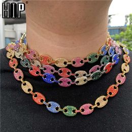 HIP HOP 13MM Iced Out CZ Multi-Colors Coffee Bean Pig Nose Alloy Rhinestone Charm Link Chain Bling Necklaces Men Jewelry288B