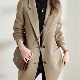 Women s Blends Yitimoky Jacket for Women Fall Winter 2023 Korean Fashion Long Sleeve Single Breasted Coats Office Ladies Blazer 231208