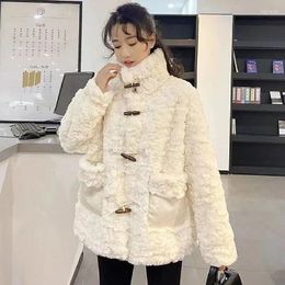 Women's Fur Beige Horn Buttons Faux Coat Women 2024 Winter Long Sleeve Lamb Wool Jacket Woman Korean Fashion Thicken Warm Outwear Female