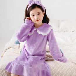 Pyjamas Baby Girl Autumn Winter Long sleeved Flannel Lace Nightdress Sweet Style Little Coral Fleece Children Home 231211