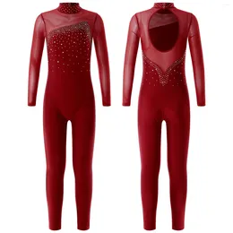 Stage Wear Girls Dance Unitard Long Sleeve Figure Ice Skating Jumpsuit One Piece Bodysuit Performance Full Body Gymnastic Leotard Dancewear