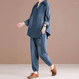 Women's Two Piece Pants Oversized Sets Denim Shirts And Blouses Loose High Street Elastic Waist Women Outfits