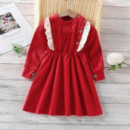 Girl Dresses Toddler Girls Solid Ruffle Trim Button Dress 2023 Apring Autumn Kids O Neck Long Sleeve Casual A-line Children's Clothing