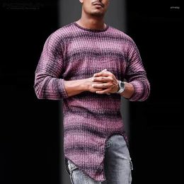 Men's T Shirts Fashion Well Fitting Tops INCERUN Men Horizontal Stripe Contrast Irregular Hem T-shirts O-Neck Knitted Long Sleeve T-shirt