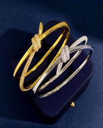 Bangle T Brand Luxury Knot Designer Bangle Bracelet Double Line Rope Womens Minority 18K Gold Silver Shining Crystal Diamond Bangl4930259