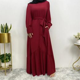 Ethnic Clothing 2024 Solid Color Muslim Dresses Women Islamic Jalabiya Eid Ramadan Abaya Caftan Belted Kaftan Arabic Robe Longue Femme