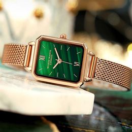 Retro Green Dial Simple Temperament Womens Watch Quartz Stundents Watches Net Steel Belt and Genuine Leather Strap Speicial Design262b