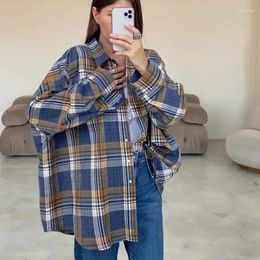 Women's Blouses Elegant Women Plaid Shirt Top Vintage Autumn Long Sleeve Turn Down Collar Button Pocket Loose Blouse Y2K INS Clothes