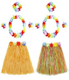 2 Sets Hawaii Hula Grass Dance Skirt Tropical Flower Bracelets Headband Necklace Set for Hawaii Party2674350