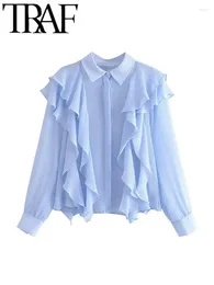 Women's Blouses Summer Fashion Women Casual Blouse Sweet Ruffles Patchwork Long Sleeve Textured Fabric Fitted Shirt Female Top Vintage