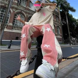 Men's Jeans Streetwear Style Casual Men Pink Star Jeans New American Y2K Fashion Wide Leg Boy Trouser Hip-hop Baggy Denim Pants For MaleL231210