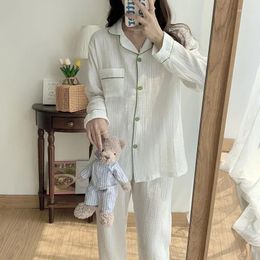 Women's Sleepwear Korean Women Cotton Thin Long Sleeve Trousers Sleep Solid Pyjamas Two Piece Set Homewear Suit Breathable Seasons