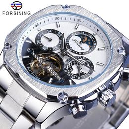 Forsining Men's Mechanical Watch Square Tourbillon Moonphase Date Male Automatic Sports Stainless Steel Wristwatch Reloj Homb268h