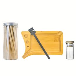 1 Set, Small Bamboo Rolling Tray, Mini Wooden Rolling Trays, Tray With Rolling Surface, Tray With 50 King Size Pre-Rolled Cone, 1 Cleaning Brush And 1 Glass Storage Jar