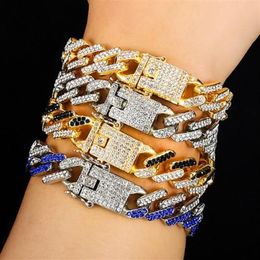 New Fashion Gold Plated Bling Colourful Diamond Mens Womens Hip Hop Black Red Blue Cuban Link Chain Bracelet Curb Raper Chains Gift301S