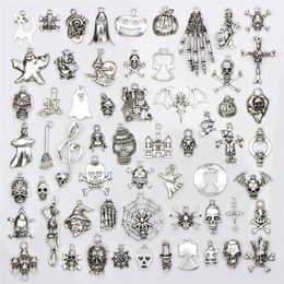 Assorted 60 Designs Halloween Charms Skull Skeleton Hand Spider Bat Ghost Witch Pendants Diy Jewellery Making 60pcs bag209j