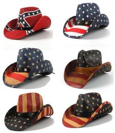 Summer Usa Flag Straw Cowboy Hats for Men and Women Western Sombrero Hombre Cowboy Caps with American Flag Sombreros De Mujer Q0803363334